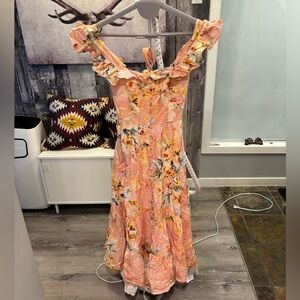 NWT Yumi Kim Tie-back Peach Floral Ruffle-Trim Midi Dress S